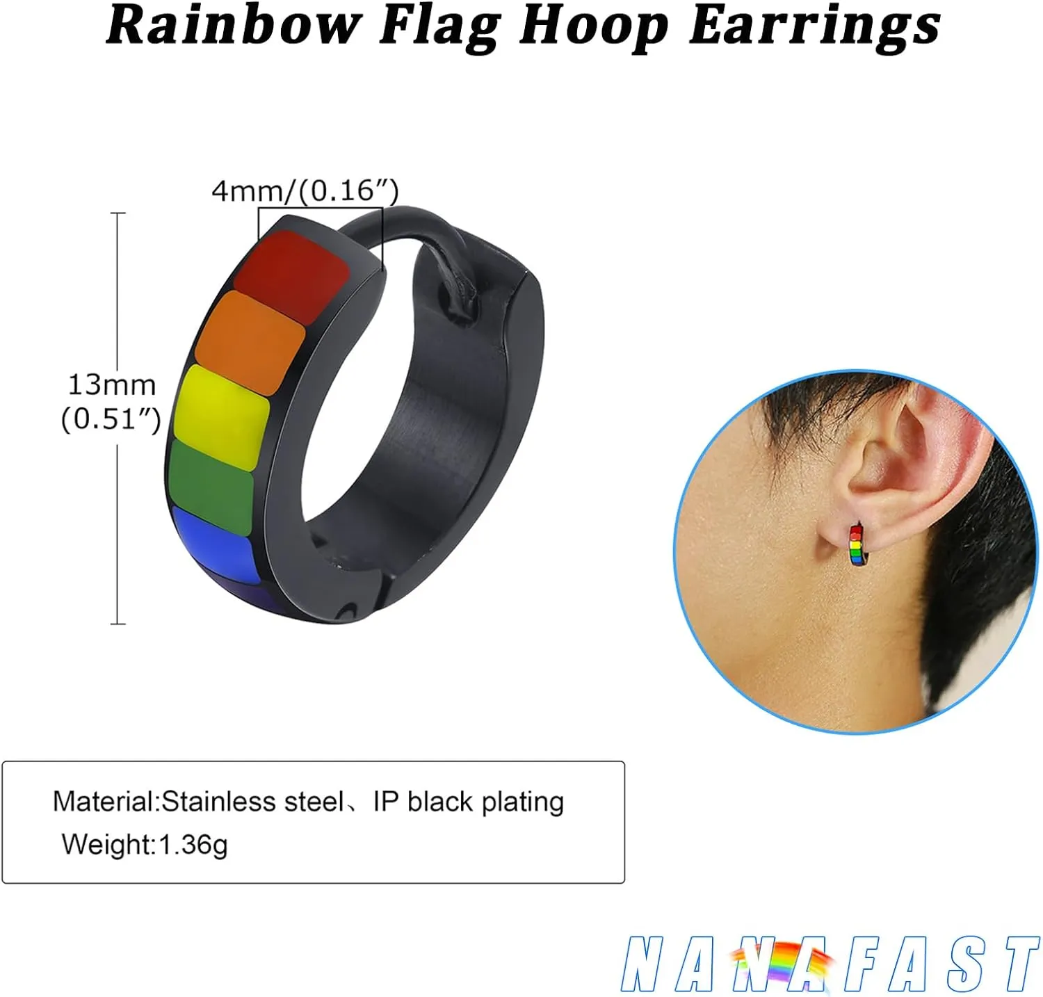 Nanafast Stainless Steel Rainbow Small Huggie Hoop Earrings LGBT Pride Earrings for Women Men Lesbian Bisexual Transgender Nonbinary Asexual Flag Earrings LGBTQ Pride Jewelry