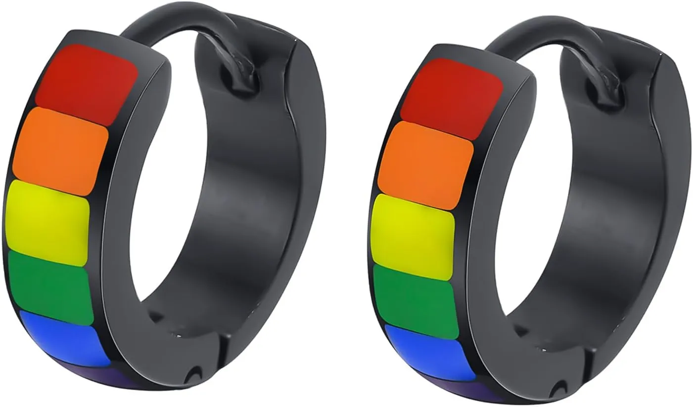 Nanafast Stainless Steel Rainbow Small Huggie Hoop Earrings LGBT Pride Earrings for Women Men Lesbian Bisexual Transgender Nonbinary Asexual Flag Earrings LGBTQ Pride Jewelry