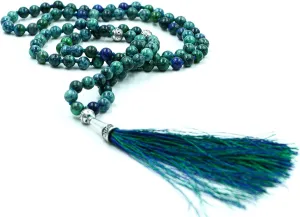 Natiural Gemstone 8 MM Beads Mala Necklace in108 Beads Hand Knotted Mala Necklace,108 Beads Buddhist Mala Necklace,108 Beads Prayer & Meditation Mala Necklace For Mens & Womens (Azulite Malachite)