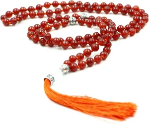 Natiural Gemstone 8 MM Beads Mala Necklace in108 Beads Hand Knotted Mala Necklace,108 Beads Buddhist Mala Necklace,108 Beads Prayer & Meditation Mala Necklace For Mens & Womens (Carnelian Quartz)