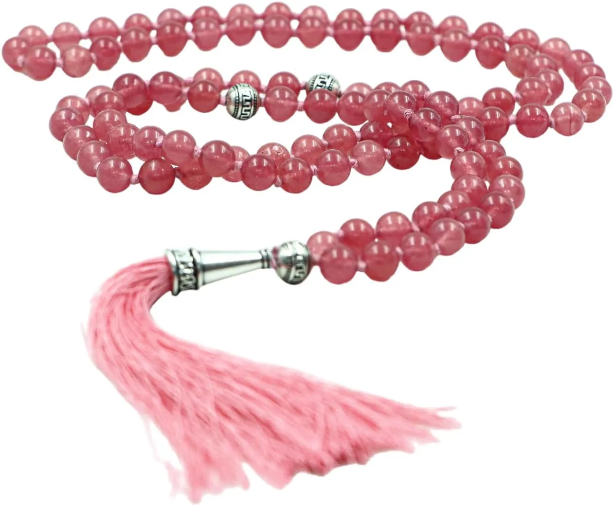 Natiural Gemstone 8 MM Beads Mala Necklace in108 Beads Hand Knotted Mala Necklace,108 Beads Buddhist Mala Necklace,108 Beads Prayer & Meditation Mala Necklace For Mens & Womens (Strawberry Quartz)