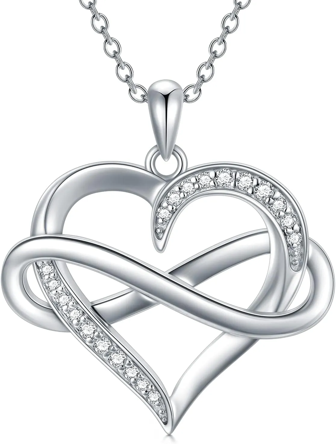 Natural Diamond Infinity Heart Necklace for Women, 18K White Gold Plated 925 Sterling Silver Heart Pendant Love Jewelry Gifts for Wife, Mom 18" 2"