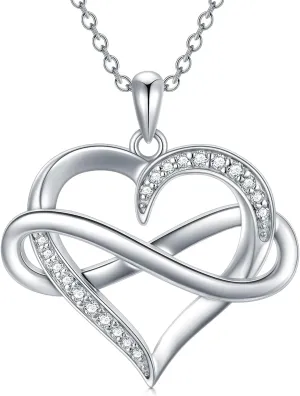Natural Diamond Infinity Heart Necklace for Women, 18K White Gold Plated 925 Sterling Silver Heart Pendant Love Jewelry Gifts for Wife, Mom 18" 2"