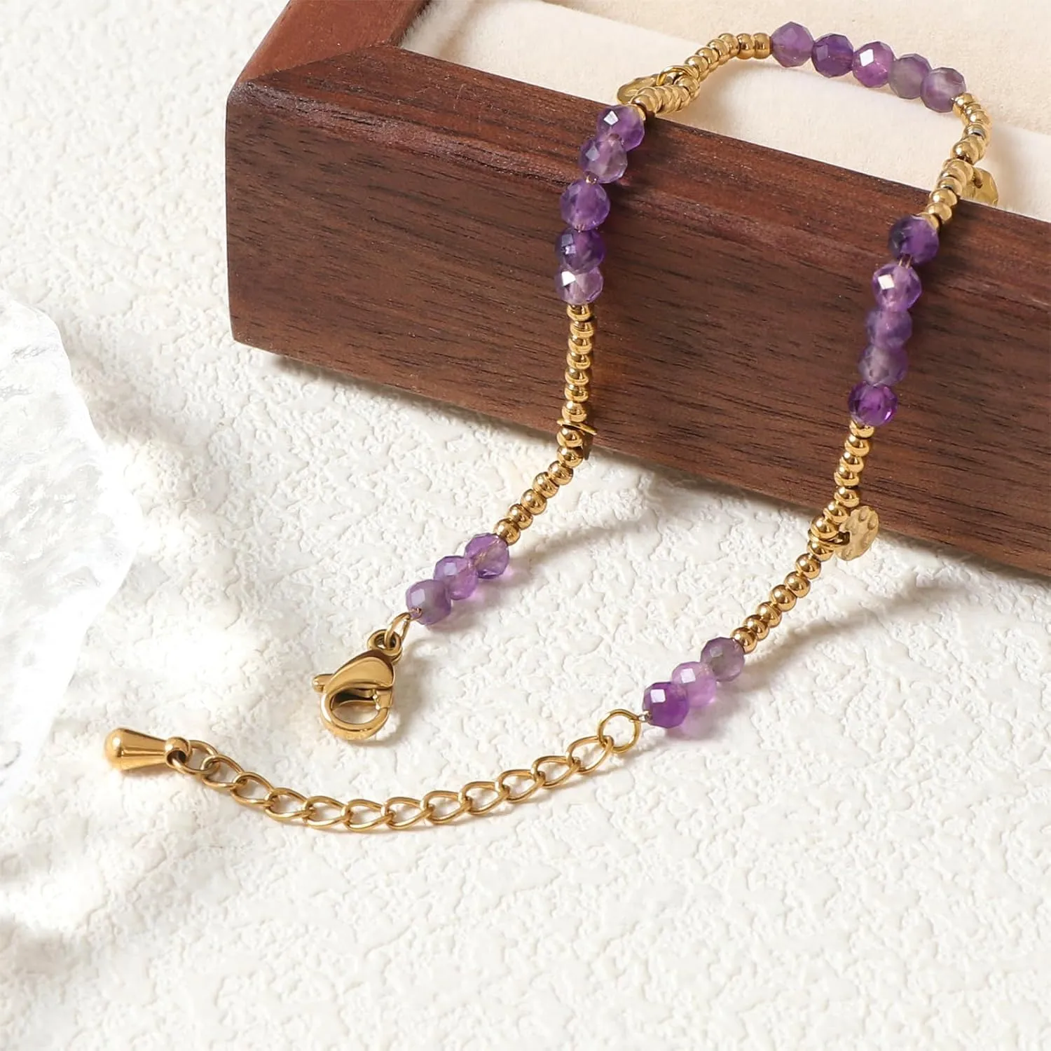 Natural Gemstone Beads Bracelets for Women Round Beaded Gold Link Bracelet Handmade Healing Crystals Bracelet Gemstone Jewelry Gift for Wife Mother
