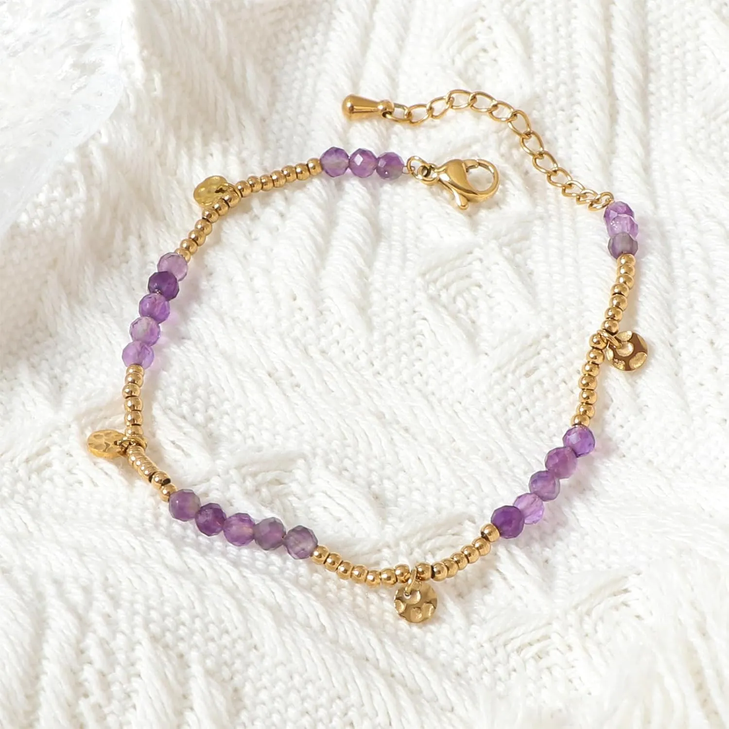 Natural Gemstone Beads Bracelets for Women Round Beaded Gold Link Bracelet Handmade Healing Crystals Bracelet Gemstone Jewelry Gift for Wife Mother
