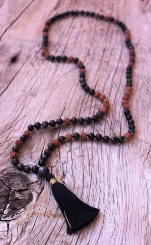 Natural Golden Royal Obsidian, Rudraksha 6mm 108 Mala Beads, Spiritual, Meditation Beads, Reiki, Japa Mala, Buddhist Prayer Beads, Yoga Bracelet, healing beads LKMALA-RRGU-2718