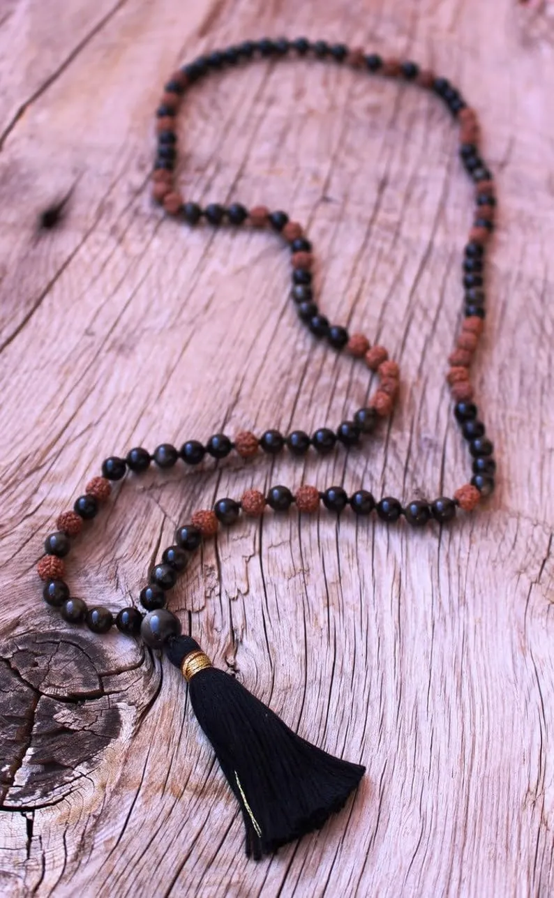 Natural Golden Royal Obsidian, Rudraksha 6mm 108 Mala Beads, Spiritual, Meditation Beads, Reiki, Japa Mala, Buddhist Prayer Beads, Yoga Bracelet, healing beads LKMALA-RRGU-2718