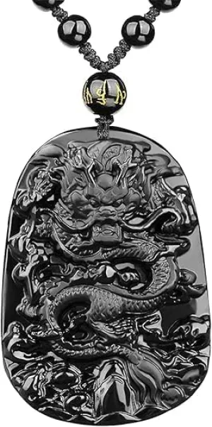 Natural Hand Carved Obsidian Dragon, Lucky Amulet Necklace, Healing Earth-Mined Necklace, Elevat Mood, Health, Fortune