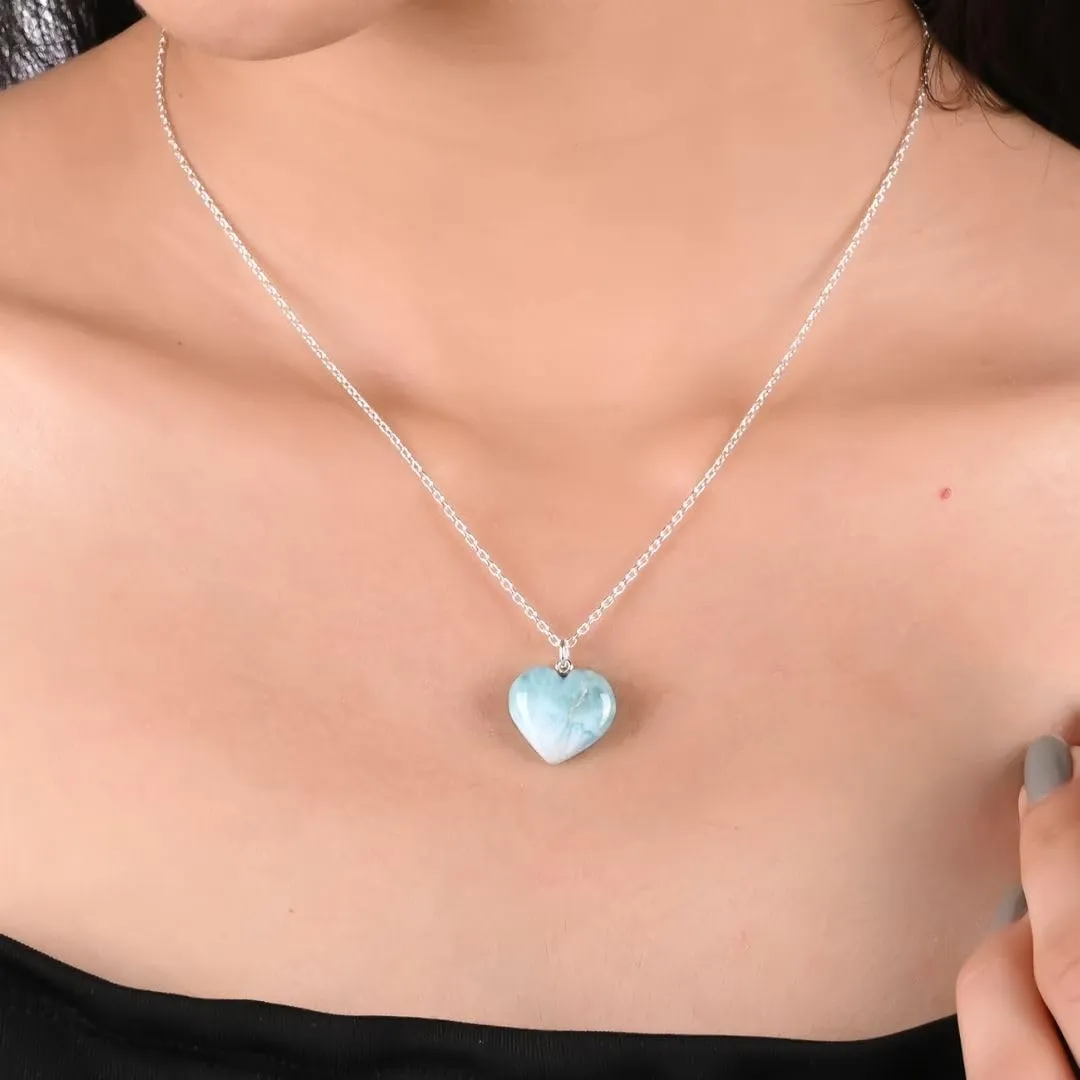 Natural Larimar Heart Pendant Necklace, Gemstone Necklace, Heart Crystal Necklace Party Wear Larimar Jewelry 925 Silver 16 2 inch Adjustable Chain