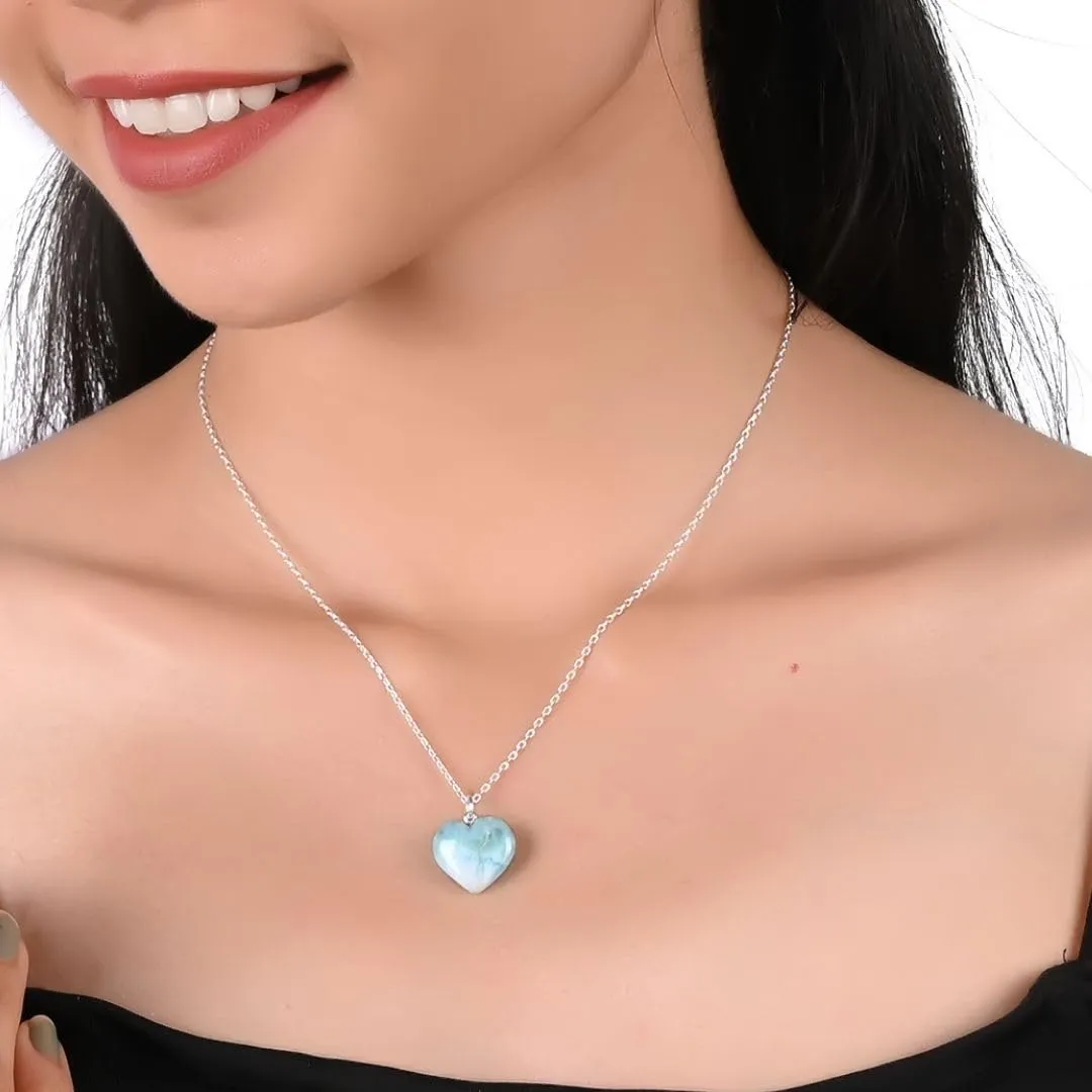 Natural Larimar Heart Pendant Necklace, Gemstone Necklace, Heart Crystal Necklace Party Wear Larimar Jewelry 925 Silver 16 2 inch Adjustable Chain