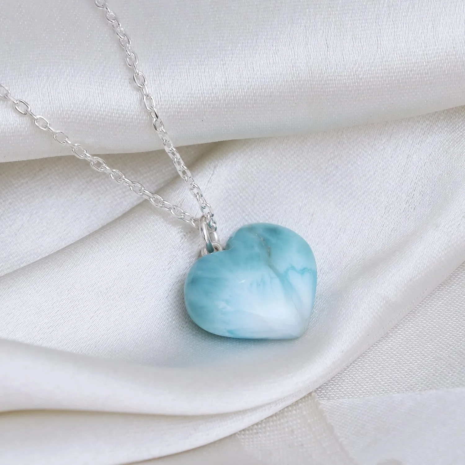 Natural Larimar Heart Pendant Necklace, Gemstone Necklace, Heart Crystal Necklace Party Wear Larimar Jewelry 925 Silver 16 2 inch Adjustable Chain