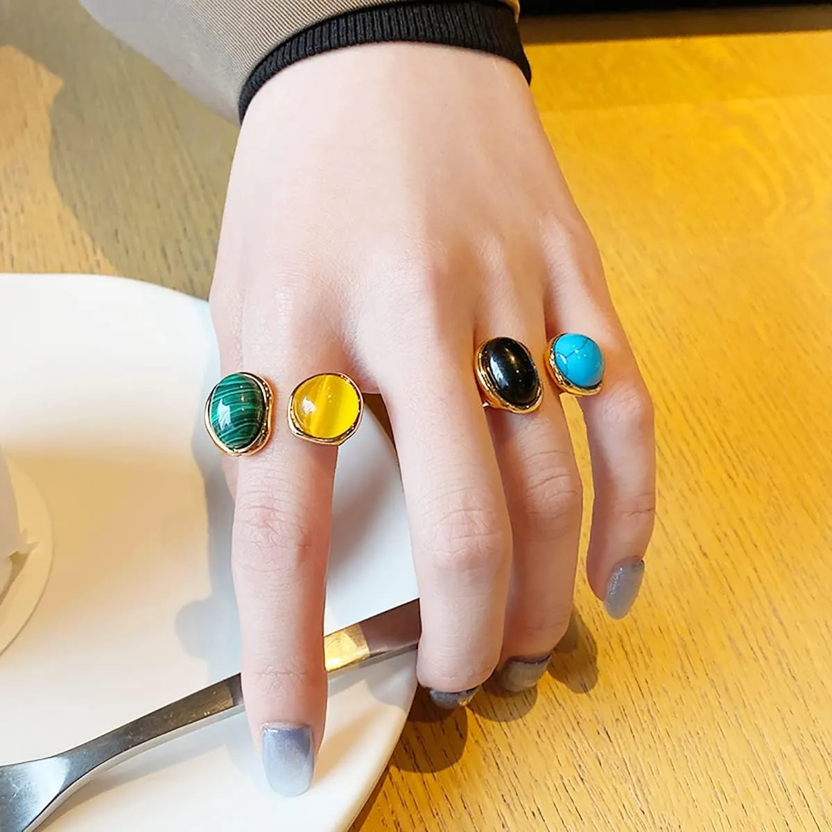 Natural Malachite Crystal Open Rings,Vintage Opal Gemstone Band Ring,Adjustable Healing GemStone Finger Ring Jewelry for Women