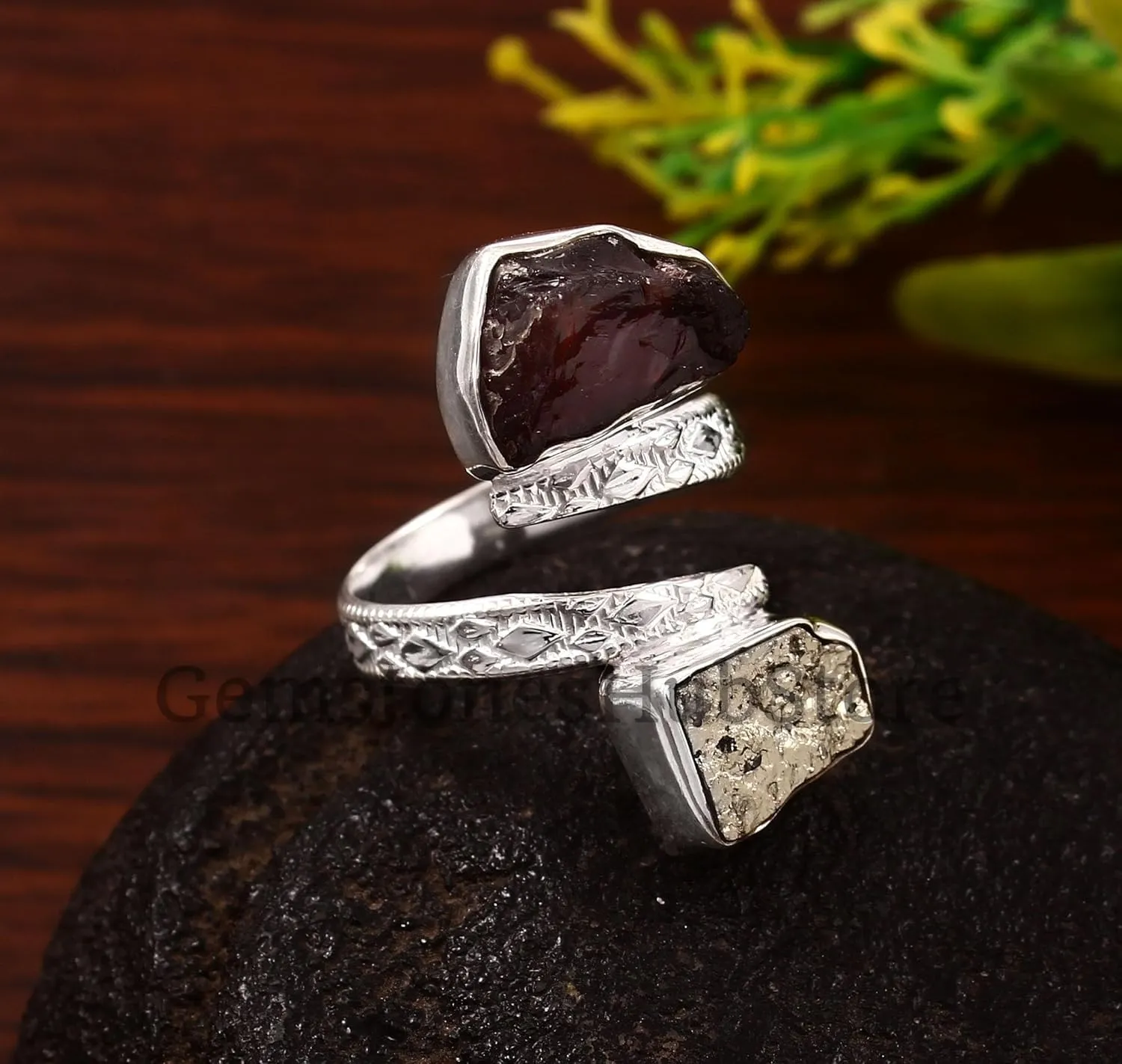 Natural Raw Pyrite & Garnet Ring Statement Ring Rough Pyrite Gemstone 925 Sterling Silver Two Stone Ring Adjustable Ring Gift For Girls & Women Raw Crystal Ring (7)