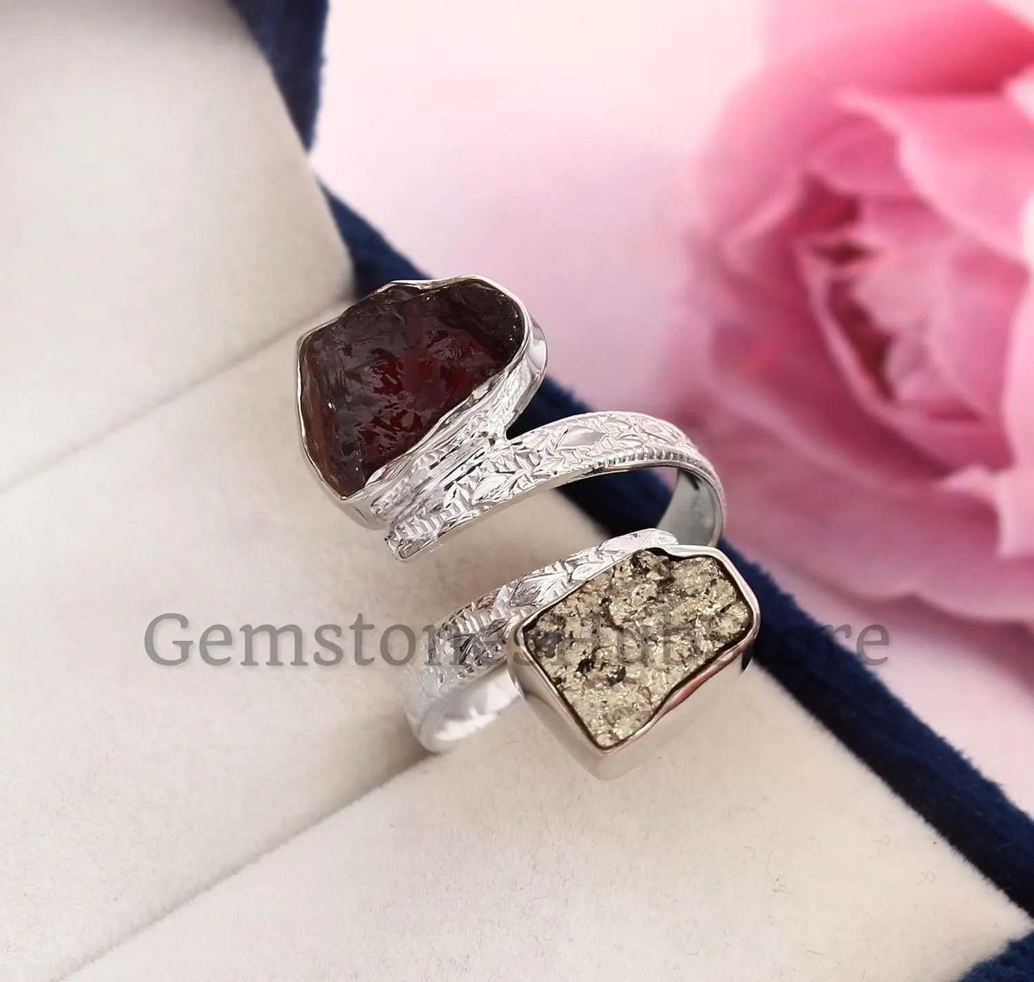 Natural Raw Pyrite & Garnet Ring Statement Ring Rough Pyrite Gemstone 925 Sterling Silver Two Stone Ring Adjustable Ring Gift For Girls & Women Raw Crystal Ring (7)