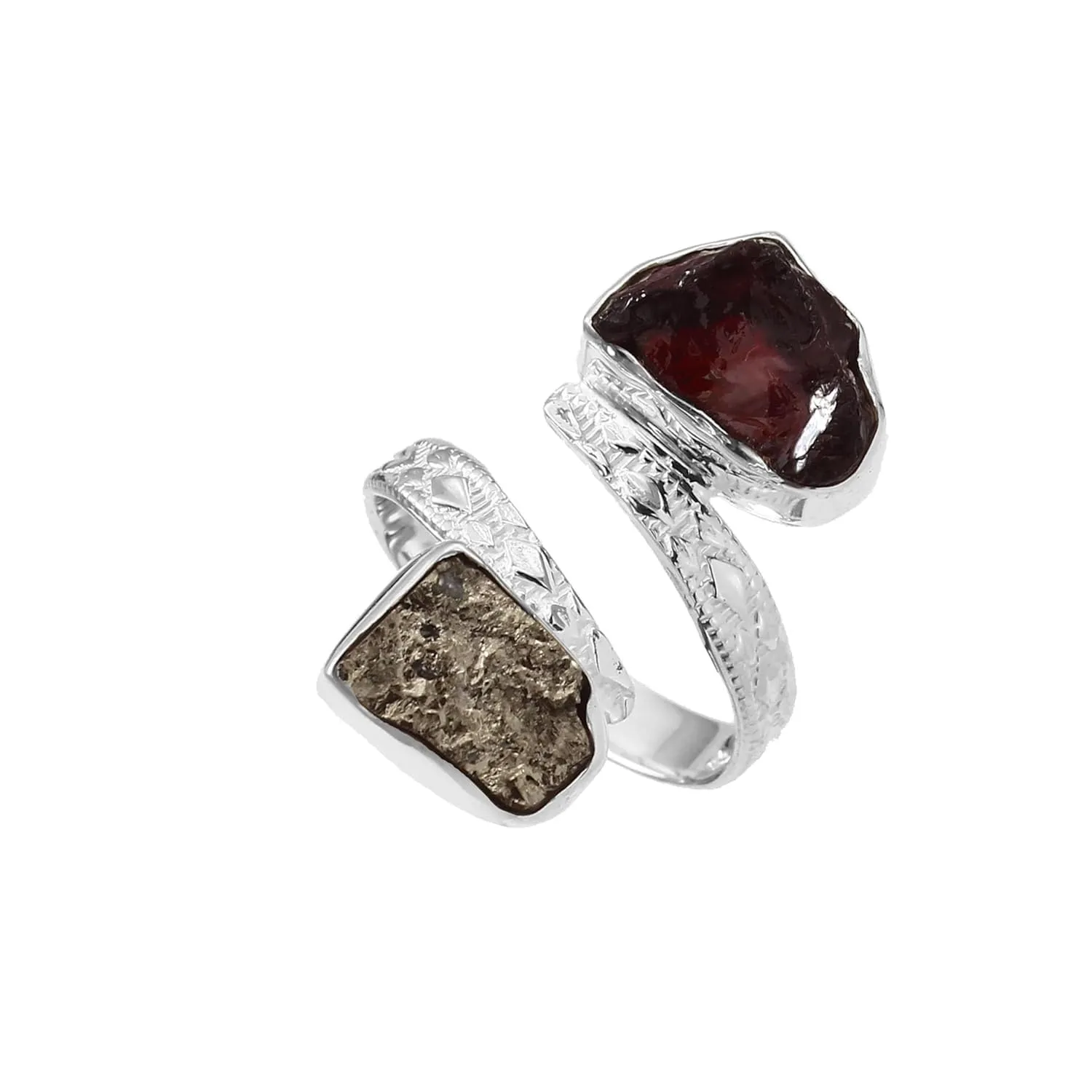 Natural Raw Pyrite & Garnet Ring Statement Ring Rough Pyrite Gemstone 925 Sterling Silver Two Stone Ring Adjustable Ring Gift For Girls & Women Raw Crystal Ring (7)
