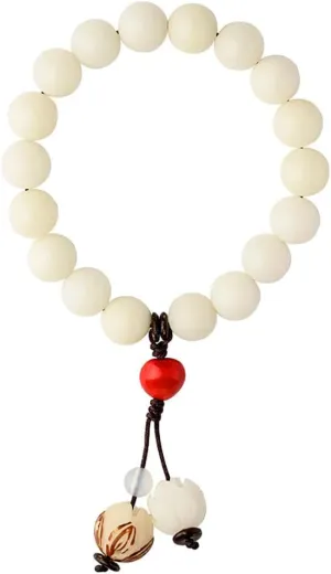 Natural White Jade Bodhi Bracelet with Carved Lotus Pendant, Buddhism Mala Prayer Beads Bracelets for Meditation