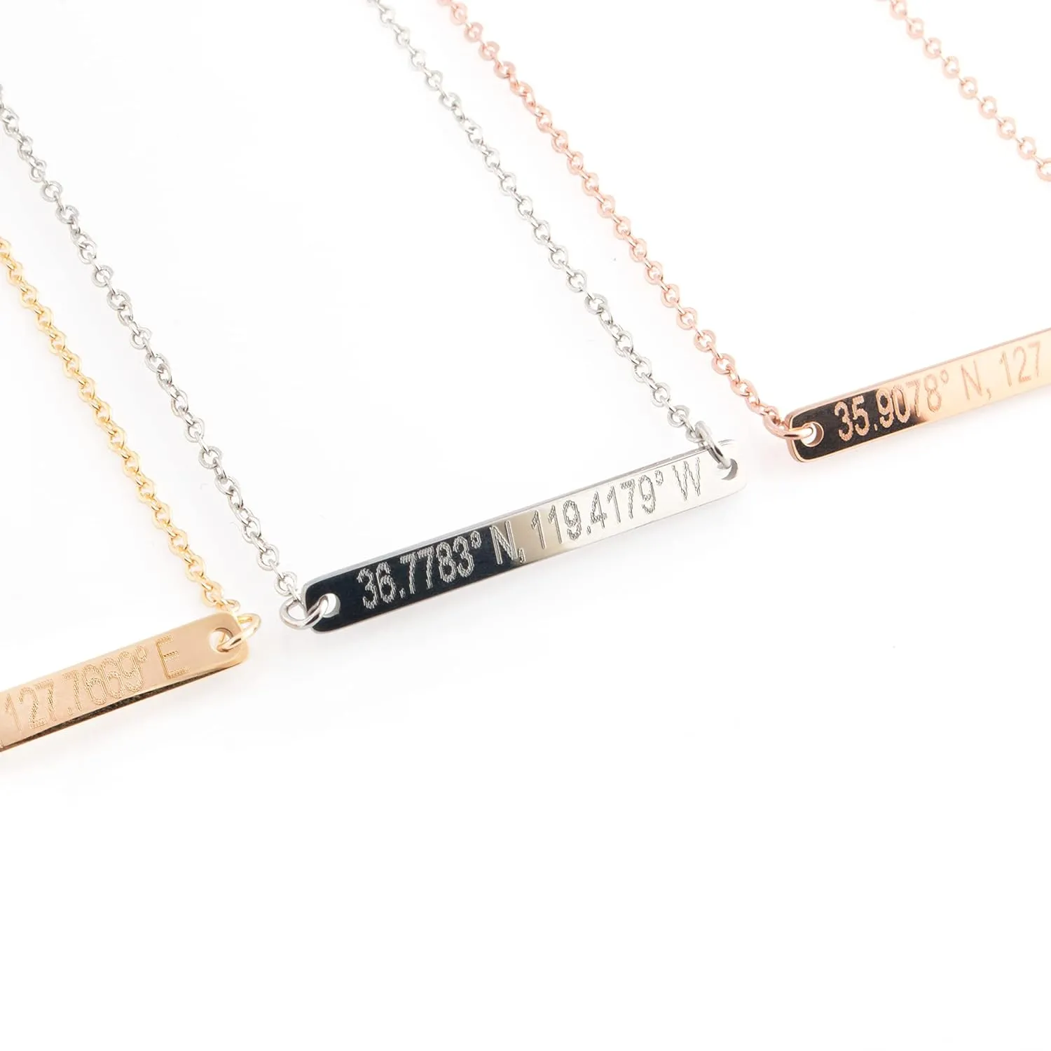 Necklace Custom Coordinate Personalized Gift Gold, Silver and Rose Gold Plated Bar GPS Plate with Delicate Initial Charms Necklace Bridesmaid Wedding Gift Best Graduation Day Gift