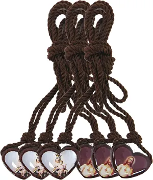 Needzo Our Lady of Mt Carmel and Jesus Christ Sacred Heart Cord Scapulars Catholic Necklace, Small Brown Scapular in the Shape of Hearts, 3 Pack