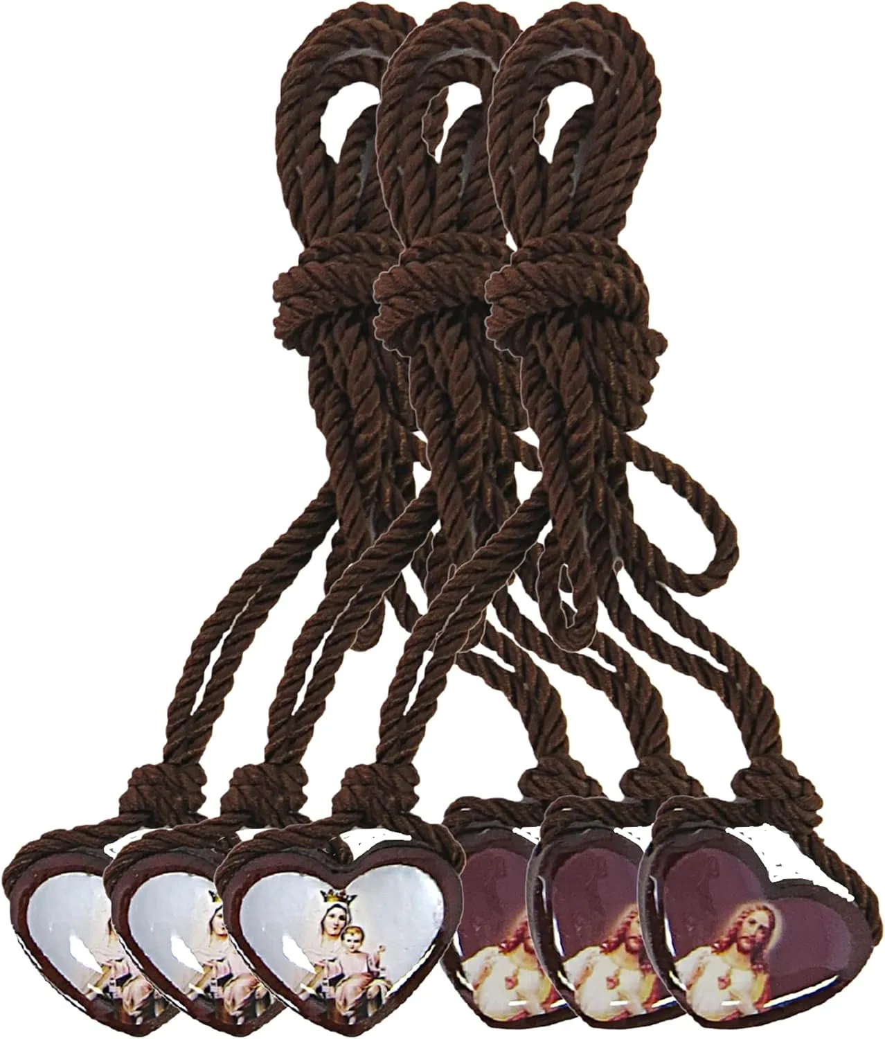 Needzo Our Lady of Mt Carmel and Jesus Christ Sacred Heart Cord Scapulars Catholic Necklace, Small Brown Scapular in the Shape of Hearts, 3 Pack