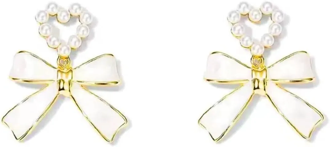 NEKVFO women's Bow Pearl pendant earrings; 925 silver enamel opal jewelry