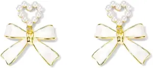 NEKVFO women's Bow Pearl pendant earrings; 925 silver enamel opal jewelry