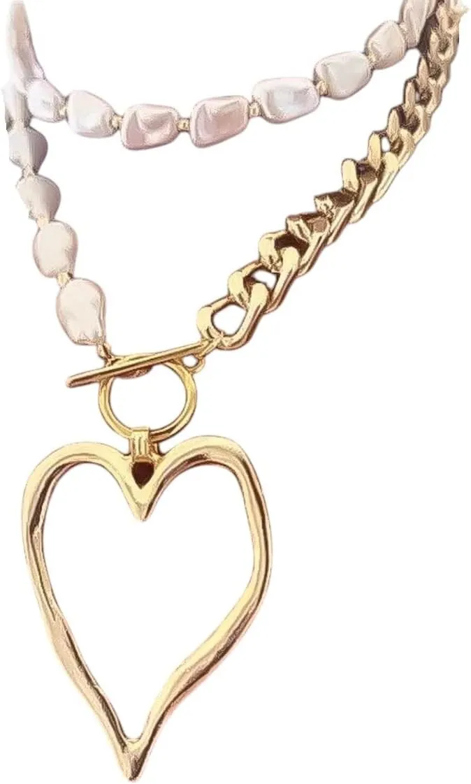 New 2026 1 Set Exaggerated Sweet And Cool Pearl Chain Big Heart Temperament, Female Imitation Pearlnecklace Jewelry Fashion Accessories Creative Gift