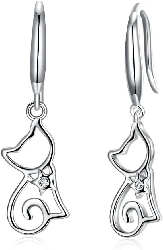 New Cat CZ Dangle Drop Earrings for Women Crystal Lovely Pet Animal Dangling Charm Hook Earring Hoops Studs Cute Jewelry Gifts for Women BFF Hypoallergenic