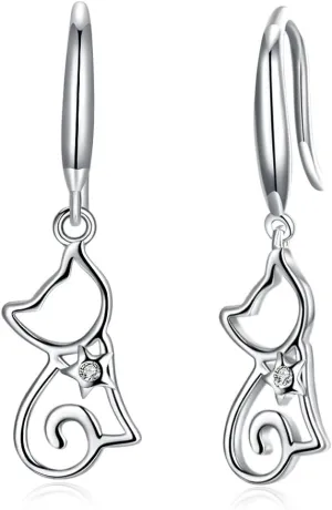 New Cat CZ Dangle Drop Earrings for Women Crystal Lovely Pet Animal Dangling Charm Hook Earring Hoops Studs Cute Jewelry Gifts for Women BFF Hypoallergenic