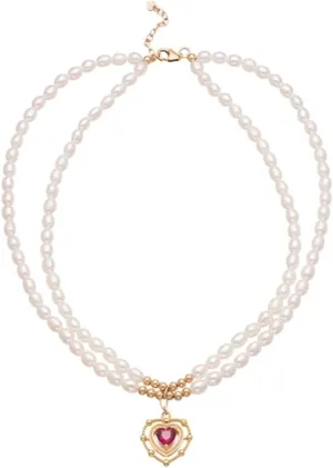 New French Vintage Double Layers Imitation Pearls Red Heart Choker Short Chain Necklace for Women Party Jewelry