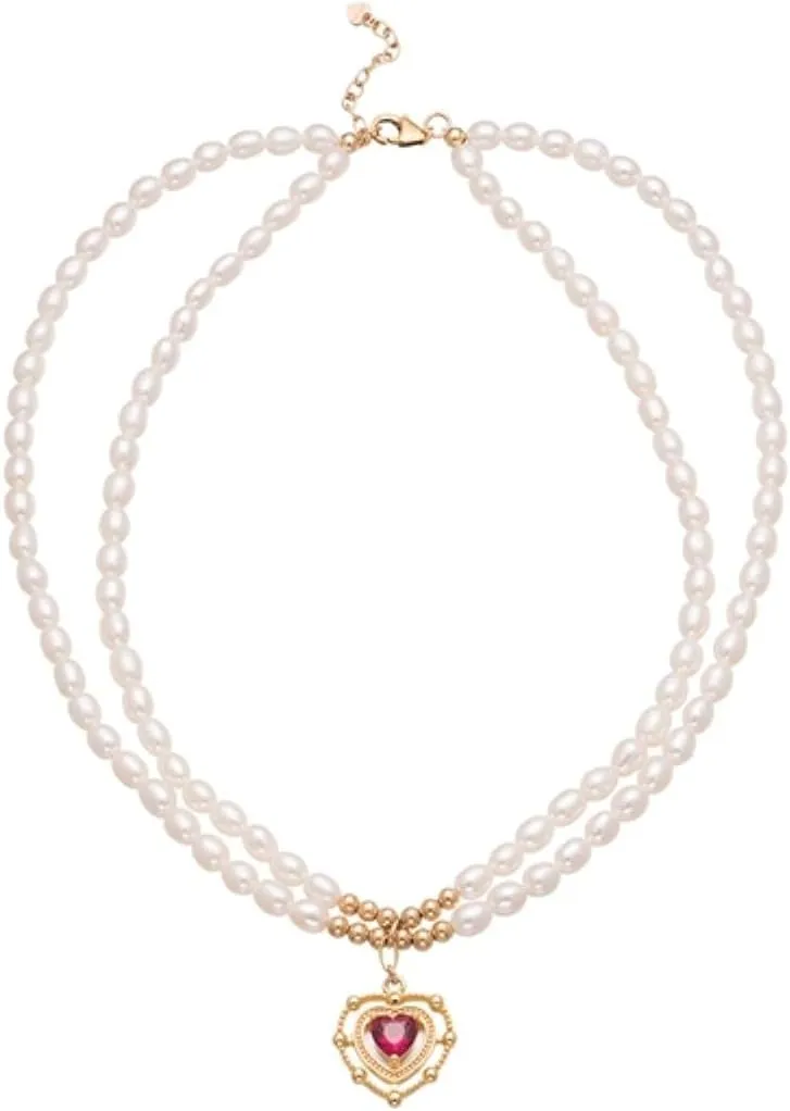New French Vintage Double Layers Imitation Pearls Red Heart Choker Short Chain Necklace for Women Party Jewelry