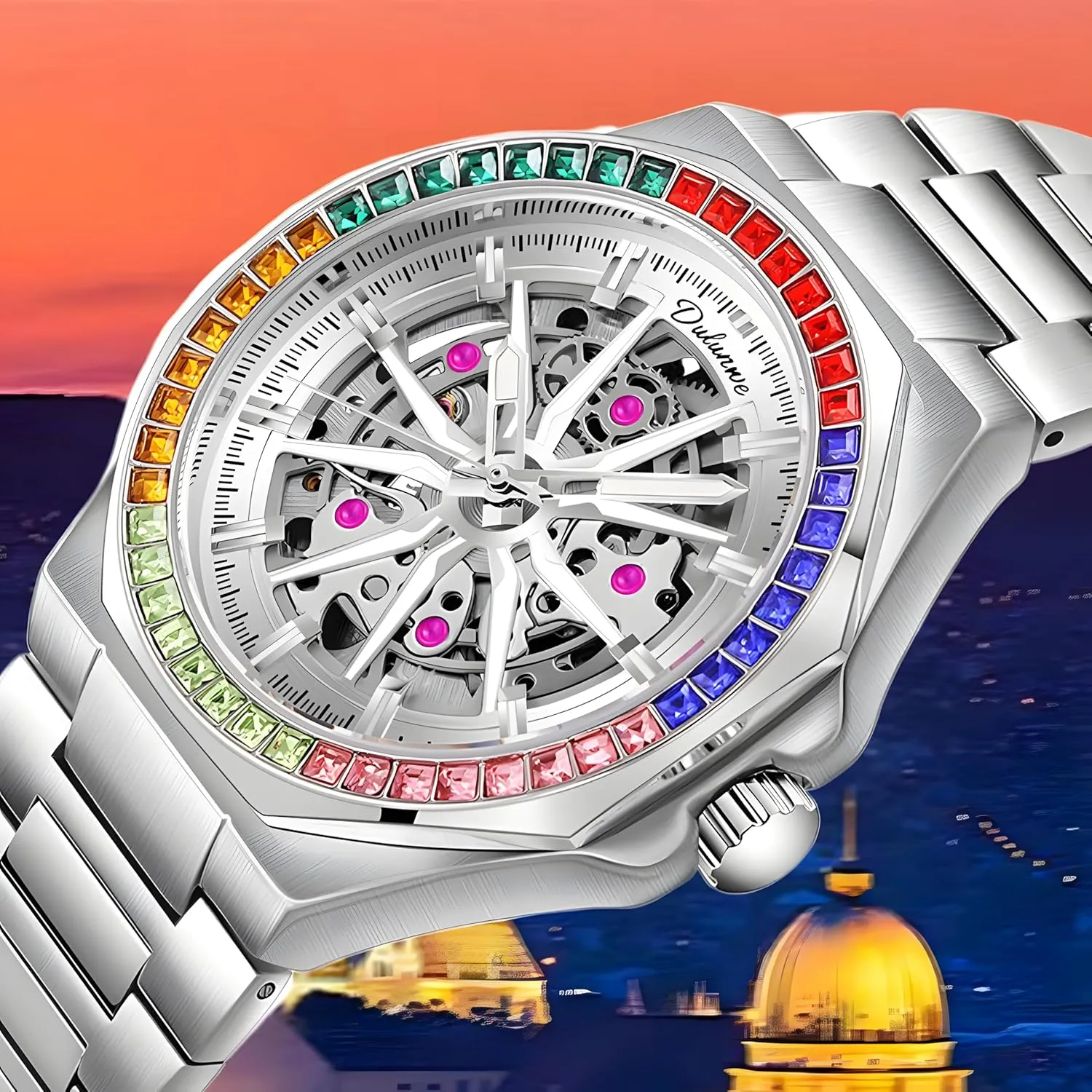 New Rainbow Diamond Bezels Watches Male Luxury Automatic Watch for Men Rapper Bracelet Skeleton Mechanical Wristwatch Waterproof Male Festive Gift