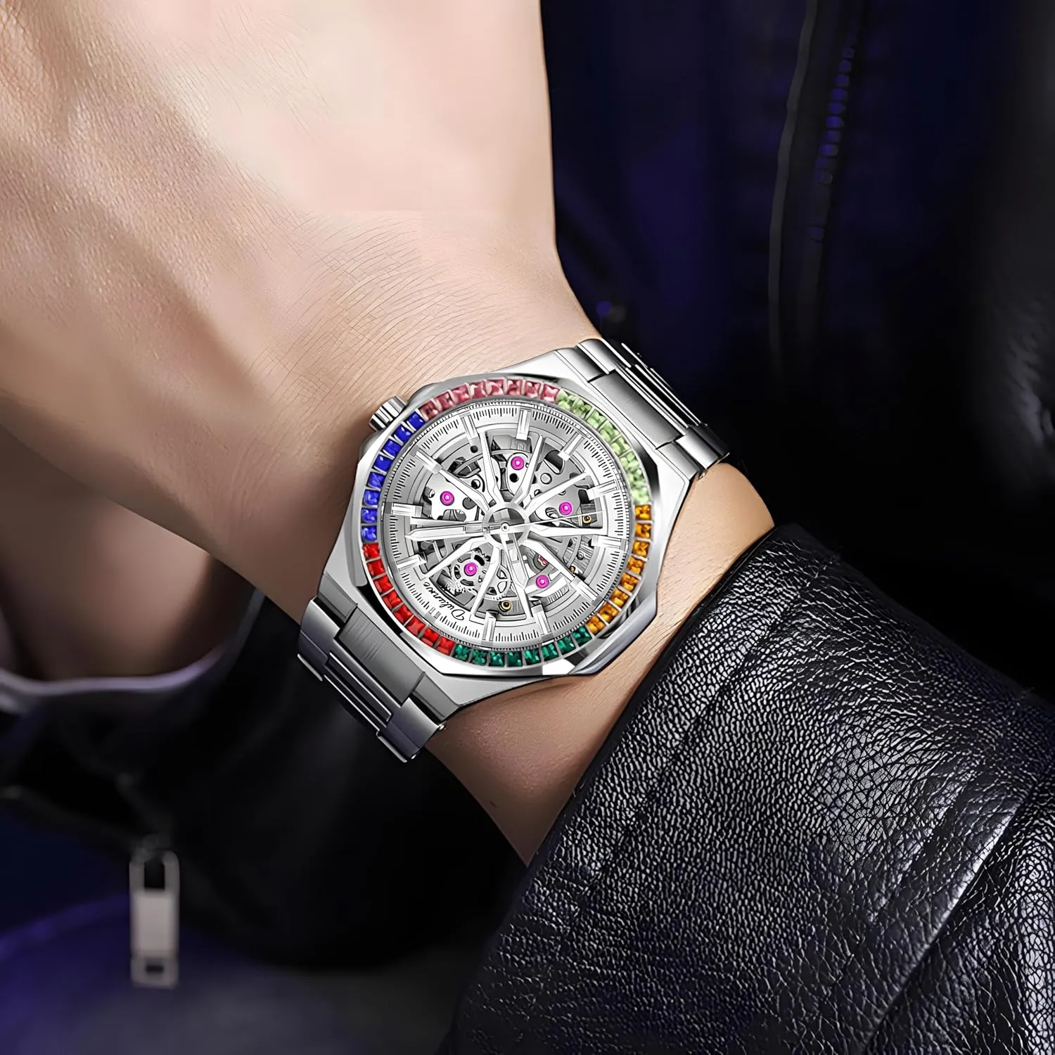 New Rainbow Diamond Bezels Watches Male Luxury Automatic Watch for Men Rapper Bracelet Skeleton Mechanical Wristwatch Waterproof Male Festive Gift