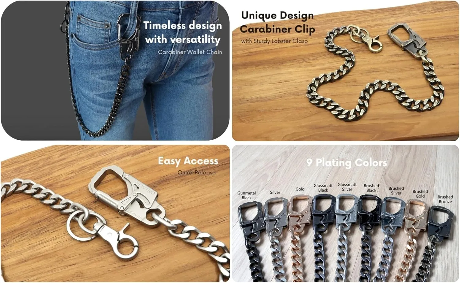 NEWTRO Wallet Chain Thick Heavy Duty with Double Action Locking Carabiner, Premium Rack Plating, Rugged Keychain for Men Bikers Pants Jeans