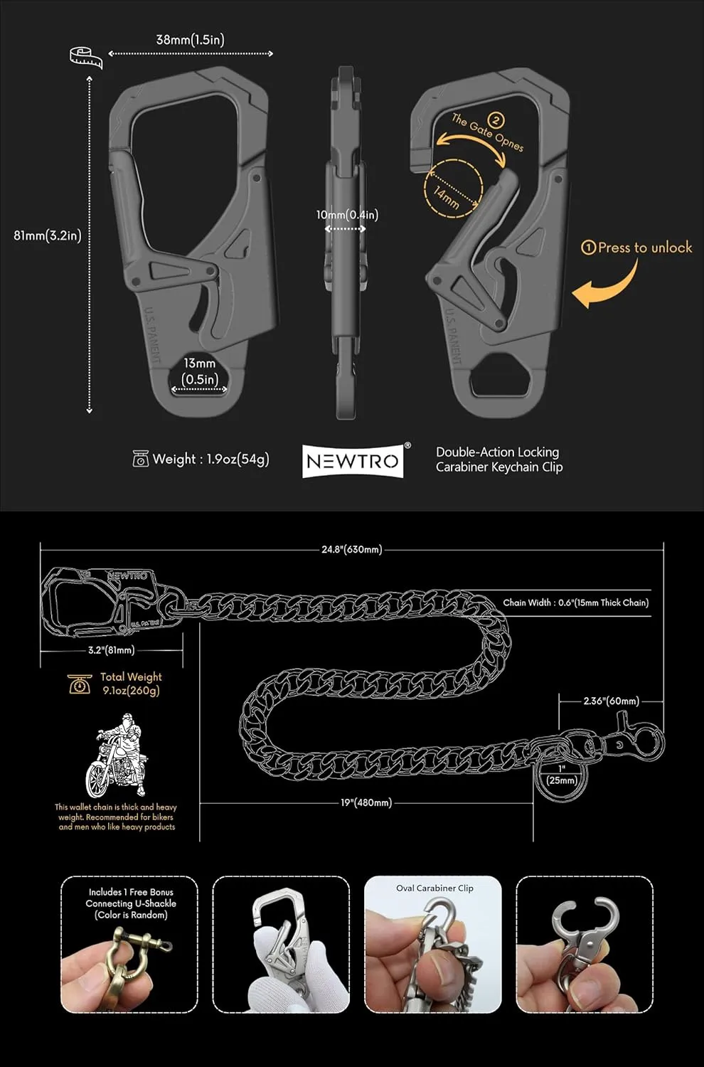 NEWTRO Wallet Chain Thick Heavy Duty with Double Action Locking Carabiner, Premium Rack Plating, Rugged Keychain for Men Bikers Pants Jeans
