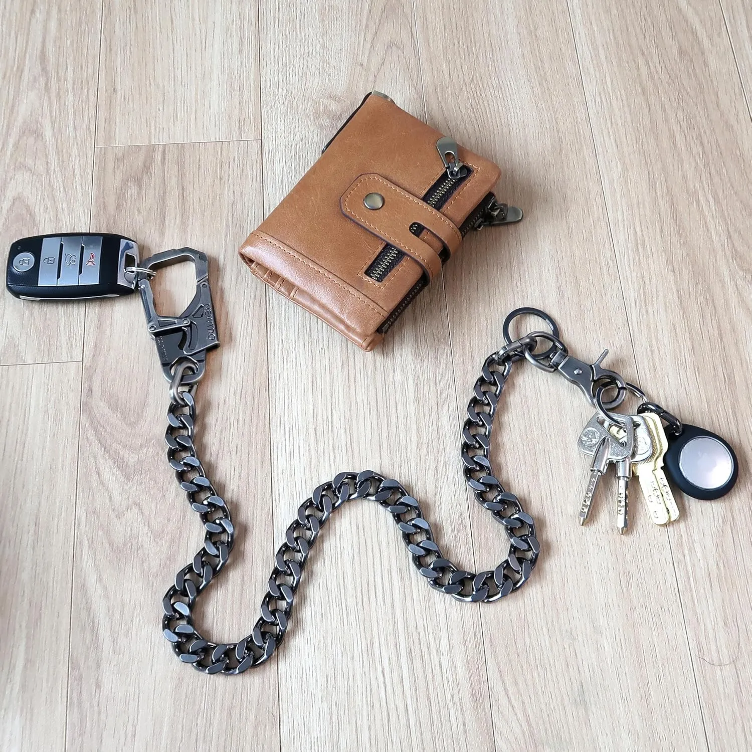 NEWTRO Wallet Chain Thick Heavy Duty with Double Action Locking Carabiner, Premium Rack Plating, Rugged Keychain for Men Bikers Pants Jeans