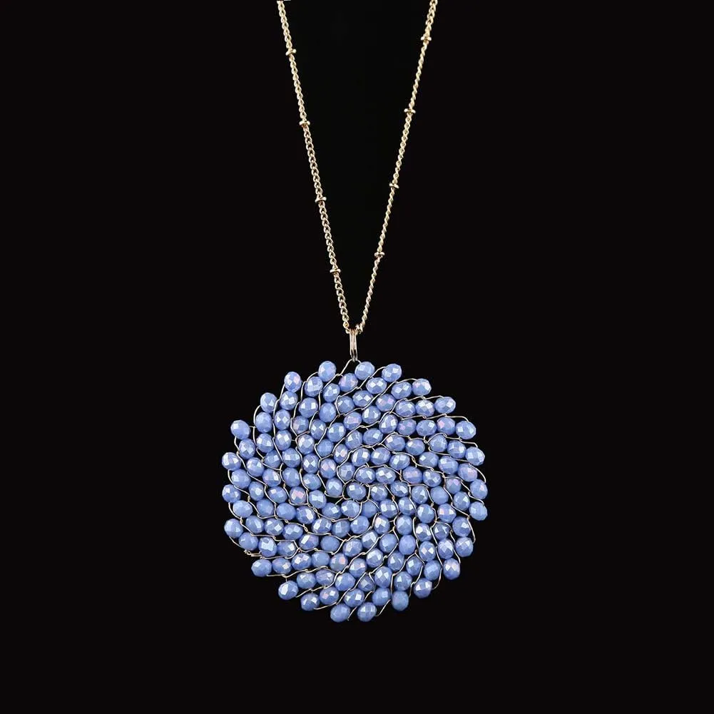 Niumike Handmade Crystal Circle Pendant Necklace and Earring Sets for Women Prom Disc Long Statement Necklaces Jewelry Sets with Gifts Box