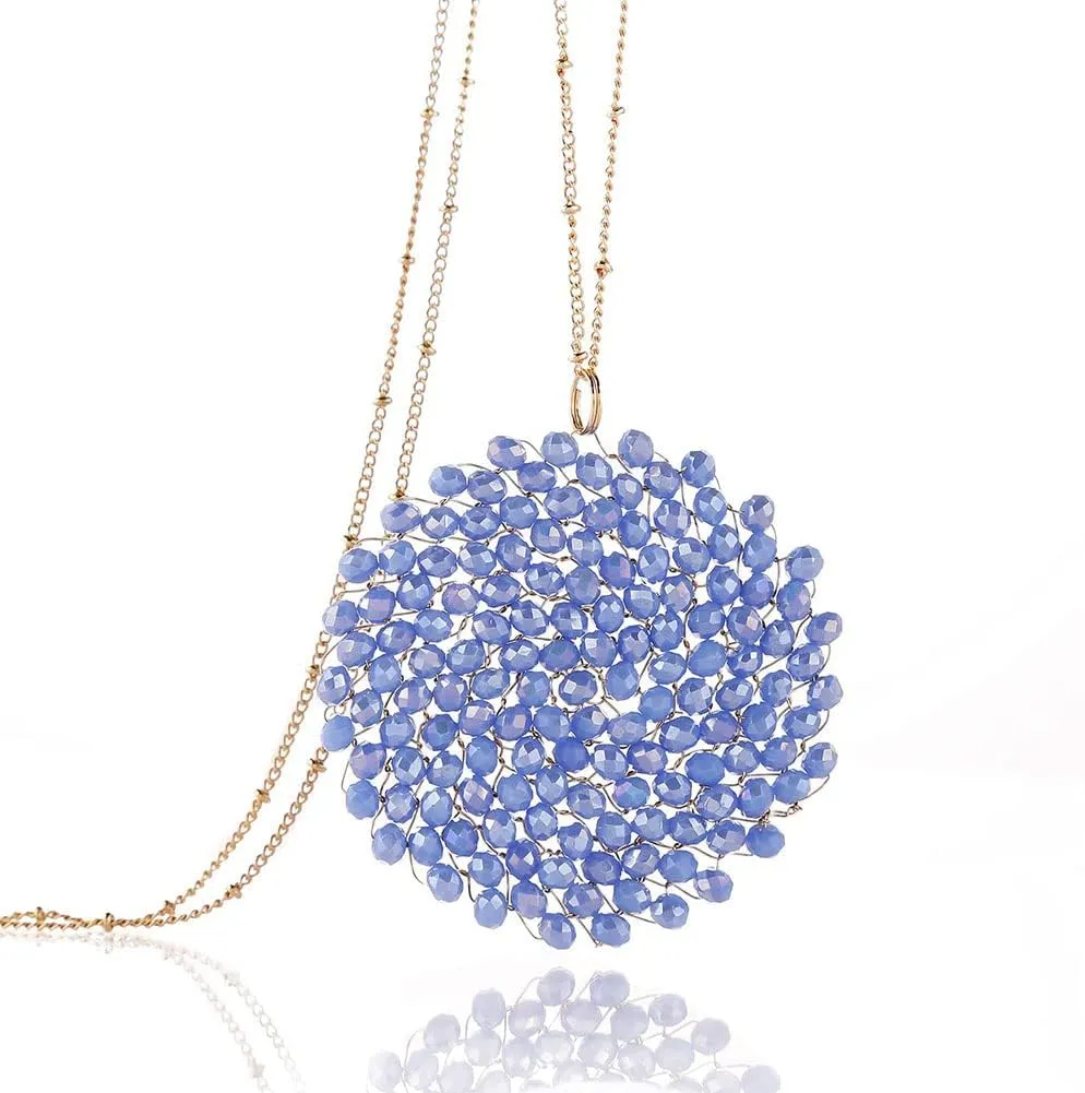 Niumike Handmade Crystal Circle Pendant Necklace and Earring Sets for Women Prom Disc Long Statement Necklaces Jewelry Sets with Gifts Box