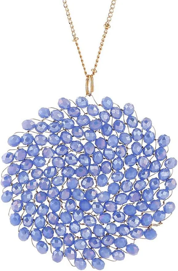 Niumike Handmade Crystal Circle Pendant Necklace and Earring Sets for Women Prom Disc Long Statement Necklaces Jewelry Sets with Gifts Box