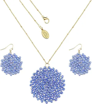 Niumike Handmade Crystal Circle Pendant Necklace and Earring Sets for Women Prom Disc Long Statement Necklaces Jewelry Sets with Gifts Box