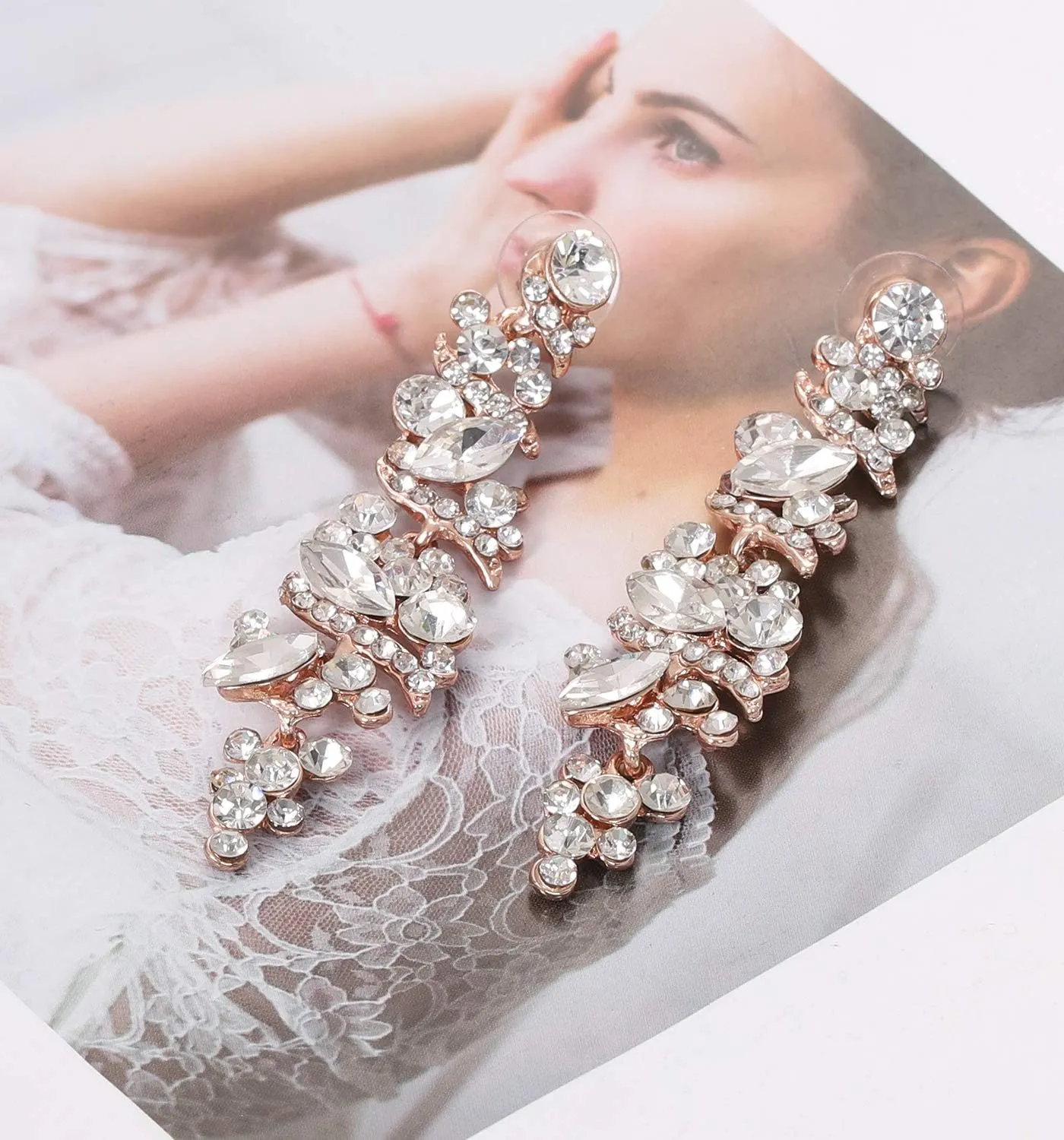 NLCAC Women's Wedding Earrings for Brides Dangling Rhinestone Crystal Chandelier Earring Drop Bridesmaids