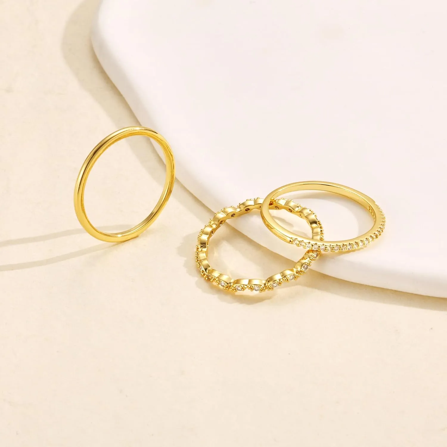 Non Tarnish Gold Ring Set: 3PCS Dainty Stackable Rings for Women Hypoallergenic 14K Gold Plated Thin Thumb Pinky Rings Wedding Bands for Women Cute Jewelry Trendy Size 6/7/8/9/10