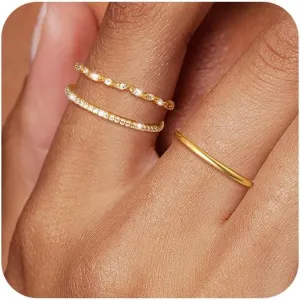 Non Tarnish Gold Ring Set: 3PCS Dainty Stackable Rings for Women Hypoallergenic 14K Gold Plated Thin Thumb Pinky Rings Wedding Bands for Women Cute Jewelry Trendy Size 6/7/8/9/10