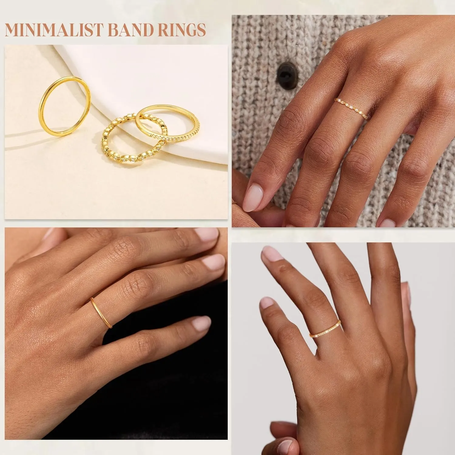 Non Tarnish Gold Ring Set: 3PCS Dainty Stackable Rings for Women Hypoallergenic 14K Gold Plated Thin Thumb Pinky Rings Wedding Bands for Women Cute Jewelry Trendy Size 6/7/8/9/10