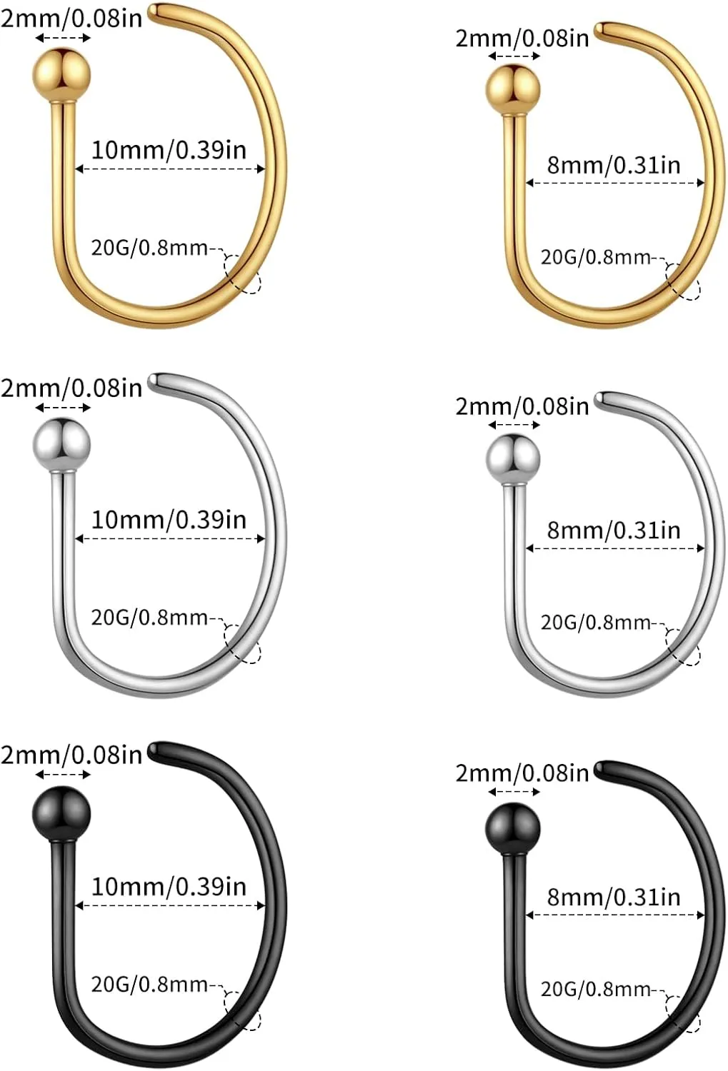 Nose Rings Hoops G23 Titanium 20G D Shape Gold Silver Black Piercing Jewelry for Women Men