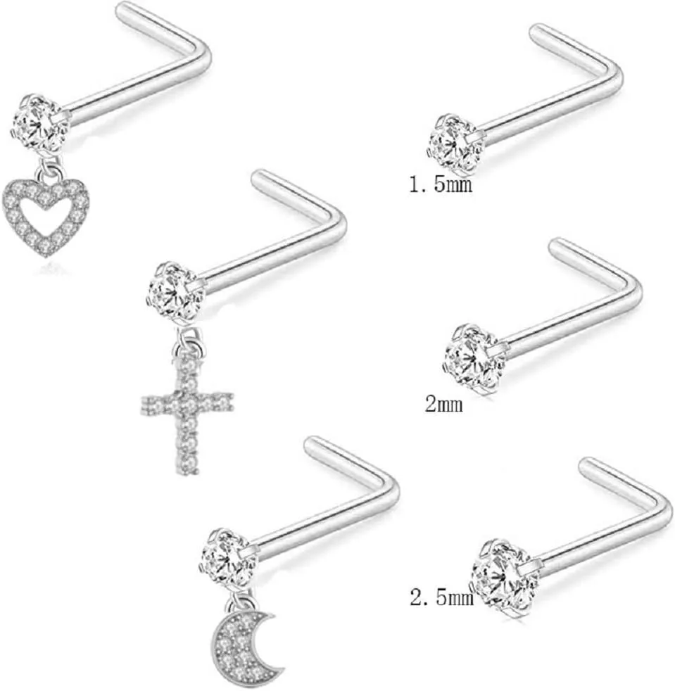 Nose Studs L Shaped 925 Sterling Silver 6-piece Set Nose Rings Cross Love Moon Flower Heart Nose Bar Piercing Stainless Steel CZ Jewelry AAA round zircon nose ring set