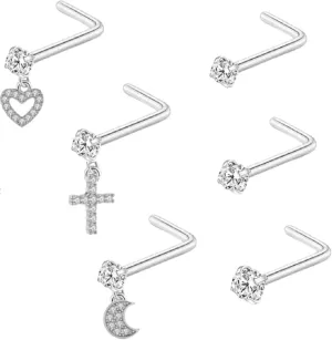 Nose Studs L Shaped 925 Sterling Silver 6-piece Set Nose Rings Cross Love Moon Flower Heart Nose Bar Piercing Stainless Steel CZ Jewelry AAA round zircon nose ring set