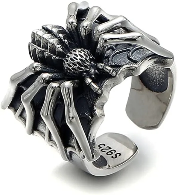 OIDIMS Punk Men's Spider Rings for Men Women 3D Statement Gothic Hip Pop Biker Finger Jewelry Adjustable Open Ring Cool Animal Silver Plated Dominant Style Gifts for Bff Boyfriend Birthday Halloween