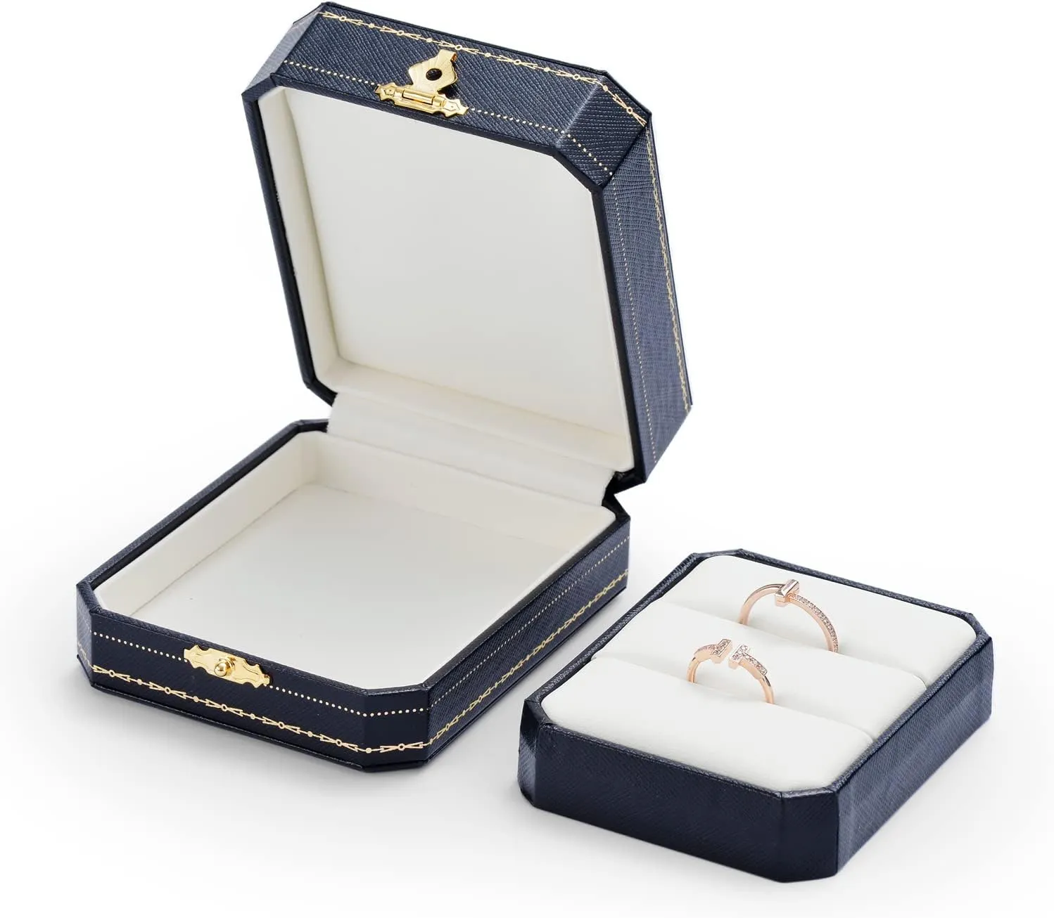 Oirlv Double Ring Box Royal Blue Ring Bearer Box for Engagement Wedding Jewelry Gift Case