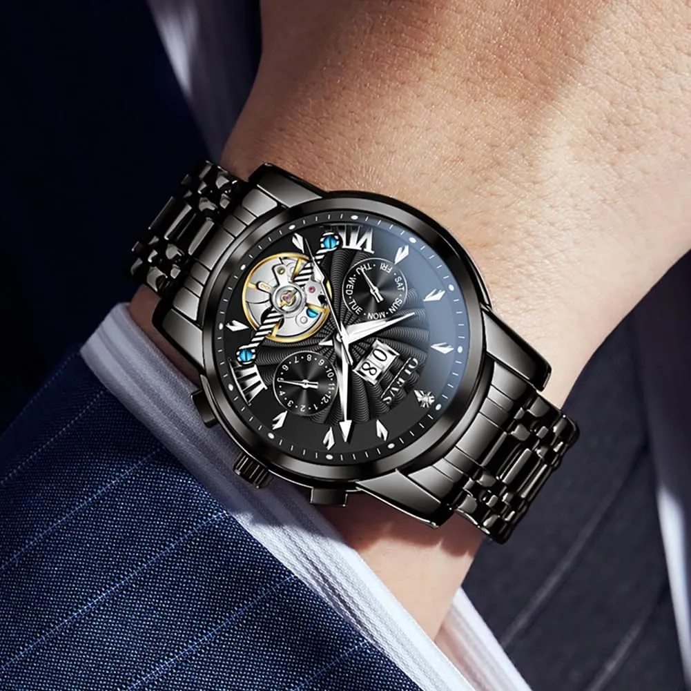 OLEVS Men Automatic Watch Stainless Steel Skeleton Mechanical Date Calendar Luxury Classic Business Waterproof Luminous Wrist Watches