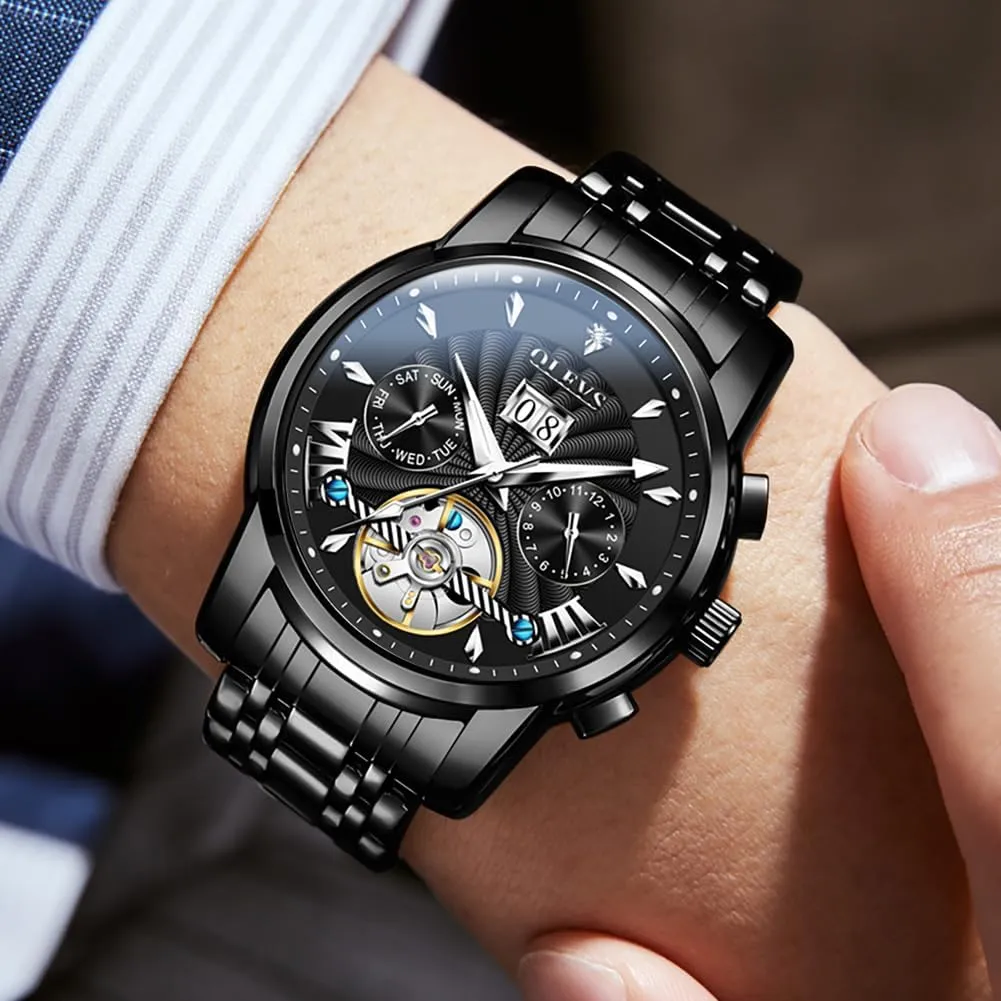 OLEVS Men Automatic Watch Stainless Steel Skeleton Mechanical Date Calendar Luxury Classic Business Waterproof Luminous Wrist Watches